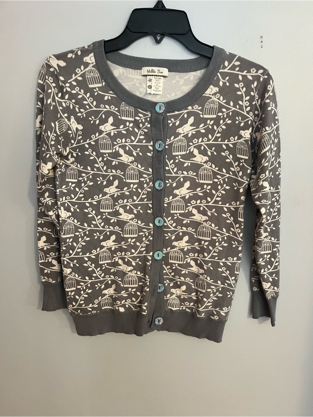 Matilda Jane Gray Cardigan with Cream Bird & Cage Print